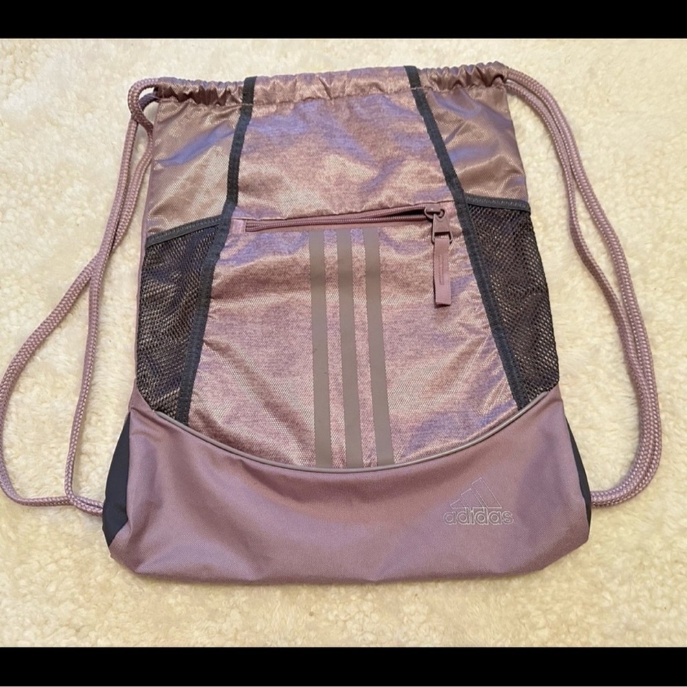 adidas Metallic Mauve Drawstring Gym Bag with Stripes